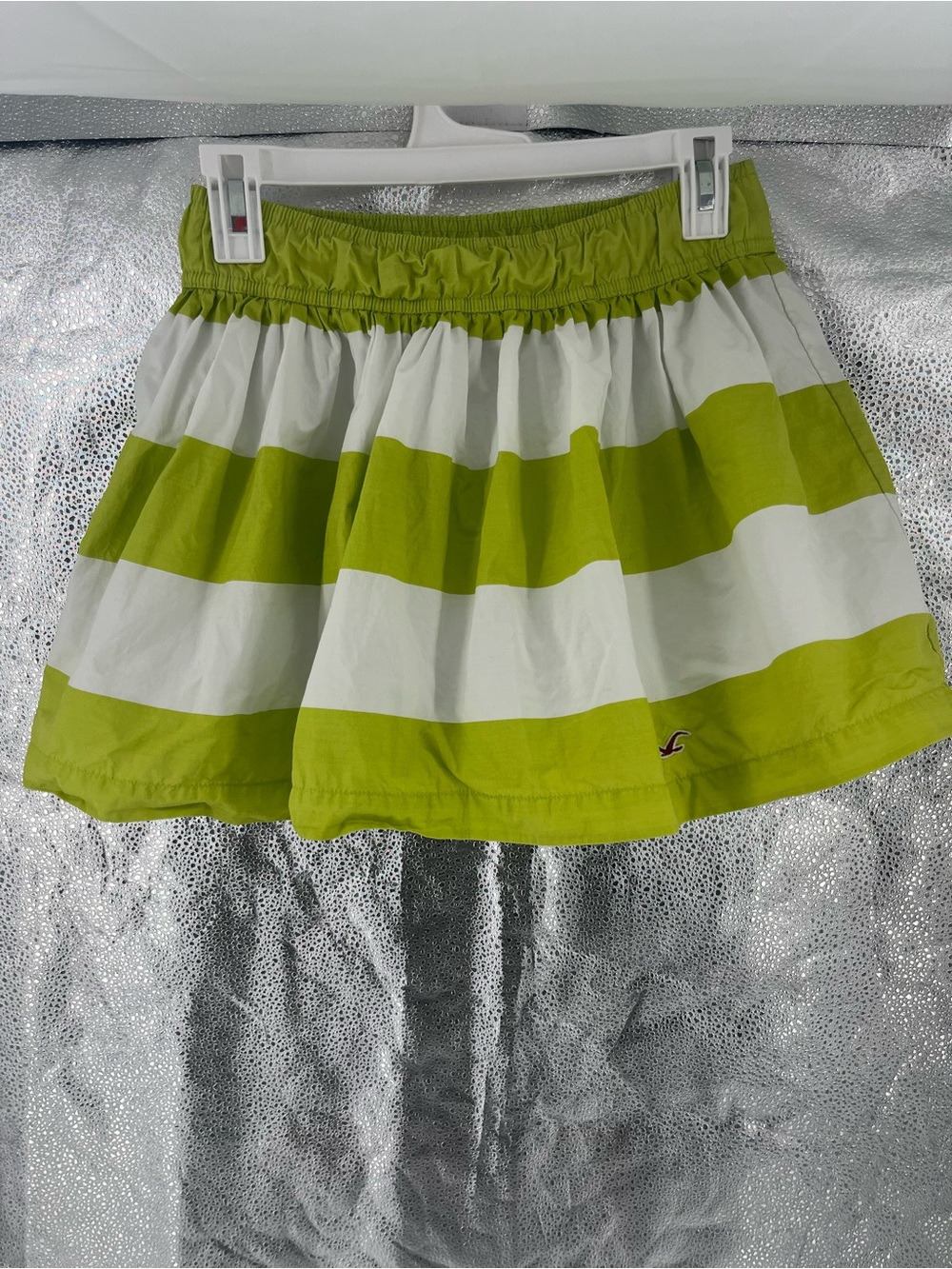 Y2K Hollister Lime Green White Striped Bubble Hem  Puffy Poplin Mini Skirt S